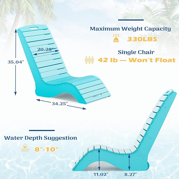 MELLCOM HDPE Pool Lounge Chair, in Pool Lounge Chair up to 10-Inches of Water, Chaise Lounge Chair with Wheels, S Shape Patio Lounge Chair for Pool, Deck, Garden, Beach, Blue