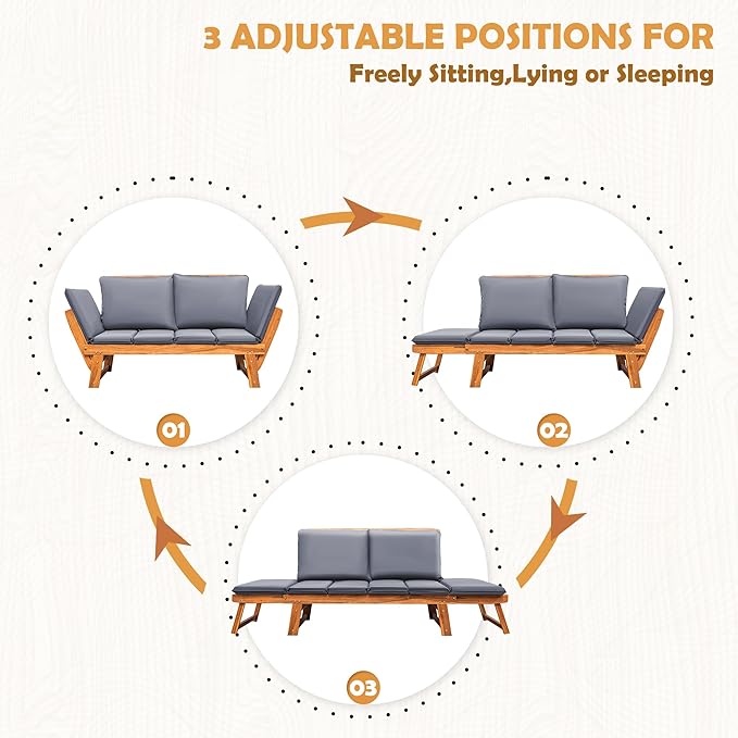 Greesum Patio Convertible Couch Sofa Bed with Adjustable Armrest, Acacia Wood Outdoor Daybed with Cushion & Pillow, Folding Chaise Lounge Bench for Porch Courtyard Poolside，Gray