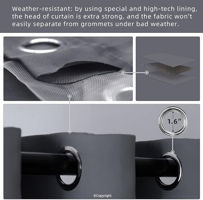 Outdoor Indoor Curtains W52 x L108 for Patio - Weather-resistant Window Panels Privacy Protect Grommet Top Thermal Insulated Home Curtain for Porch Pergola Lawn Garden Hot Tub Area (Gray, 2 Panels)