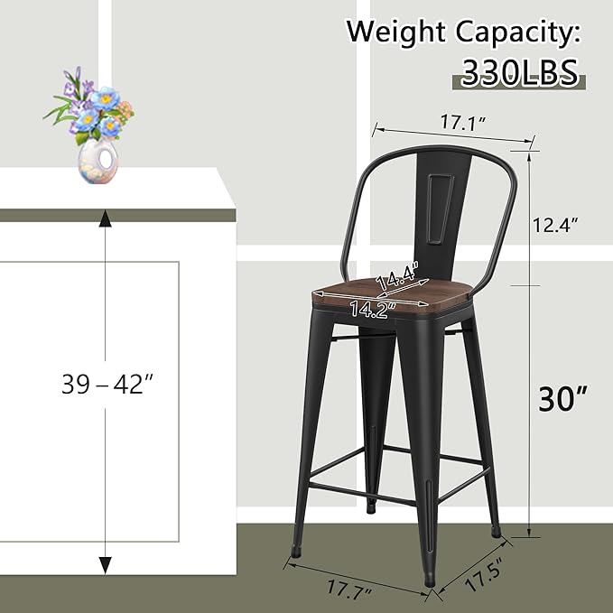 Yongqiang 30 inch Bar Stools Set of 4 Black Metal Bar Height Stools Modern Farmhouse Kitchen Island Barstools Bar Chairs with Large Wooden Seat, High Back