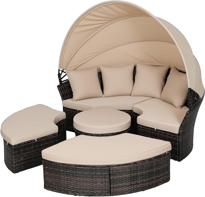 Incbruce Patio Round Daybed with Retractable Canopy, Black Wicker Rattan Sectional Sofa Furniture Set with Separated Cushion Seats for Patio, Porch and Backyard (Brown)