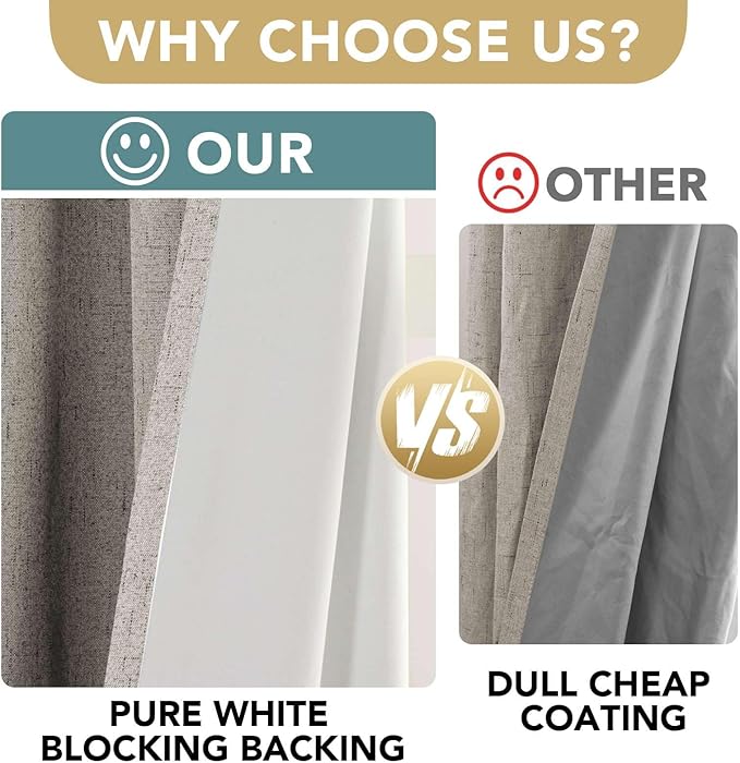 H.VERSAILTEX Linen Blackout Curtains 45 Inches Long 100% Absolutely Blackout Thermal Insulated Textured Linen Look Curtain Draperies Anti-Rust Grommet, Energy Saving with White Liner, 2 Panels, Stone
