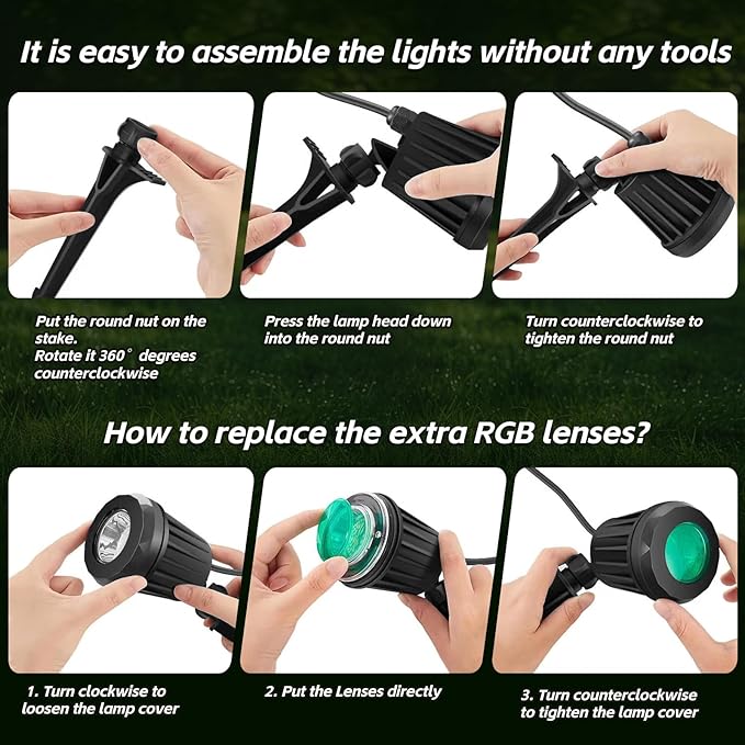 Spotlight Outdoor – 120V Plug-in, 2700K Warm White LED Landscape Spot Lights with RGB 3 Lenses for Yard, Garden, Lawn&Tree Decor, IP67 Waterproof, Perfect for Holidays&Everyday (4 Pack, Black)