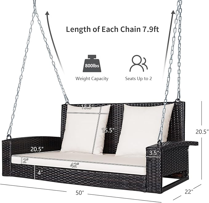RELAX4LIFE Porch Swing 2-Seat Patio Rattan, Wicker Porch Swings Outdoor W/Two 7.9 Ft Solid Steel Chain, Comfortable Back & Seat Cushions, for Front Porch, Garden, Backyard Patio Swing (Beige)