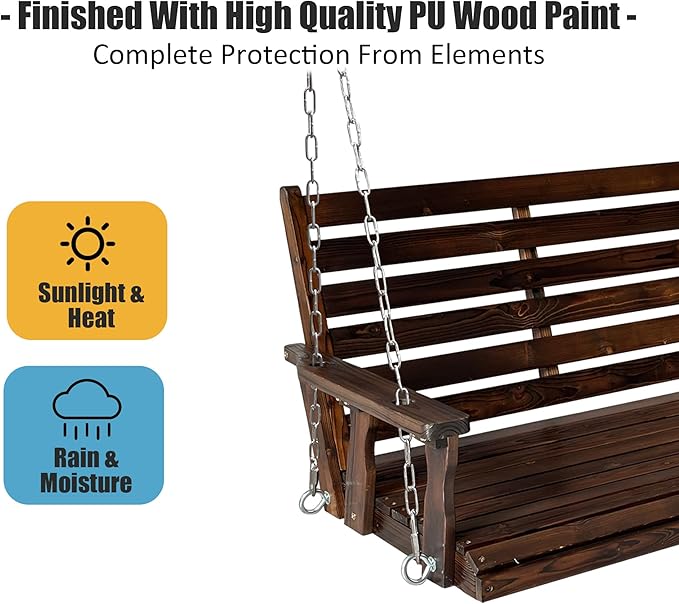Wooden Porch Swing, Ergonomic Seat, Bench Swing with Hanging Chains and 7mm Springs, Heavy Duty 880 LBS, for Outdoor Patio Garden Yard (Dark Brown, 3-Seater Extra Large)