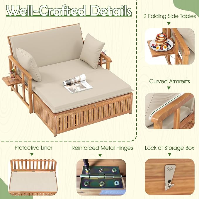 Tangkula Outdoor Acacia Wood Daybed with Storage Ottoman, Wood Patio Loveseat Sofa with 4-Level Backrest & Removable Cushions, 2 Folding Side Tables, Patio Recliner Lounger for Poolside, Backyard