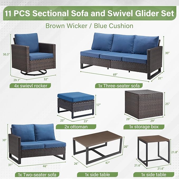 Belord Spacious 11 Pieces Patio Conversation Set - 5-Seater Outdoor Furniture Sectional Sets with Swivel Glider Chairs Set of 4 and Storage Box, Metal Top Coffee Table with Embedded Ottoman Brown