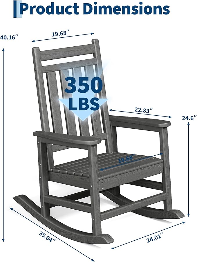 HDPE Rocking Chair Outdoor Set of 4 with 2 Side Table - Poly High Back Porch Rocker Chairs for Adults - All Weather Resistant Furniture for Patio Front Porch - Gray