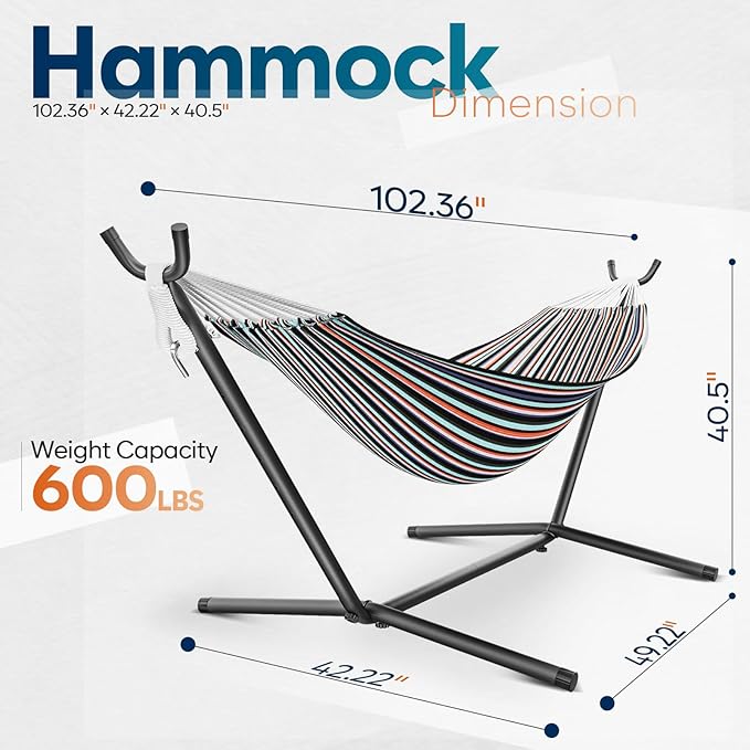 Hammock with Stand for Outside, 600lbs Portable Hammock with Carrying Bag for 2-Person Outside Patio, Heavy Duty, Easy Assembly
