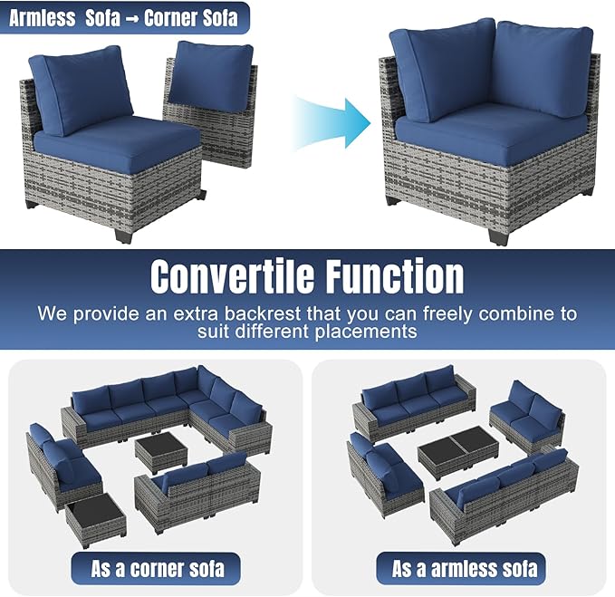Aoxun 12 Pieces Patio Furniture Set Wicker Rattan Outdoor Sectional Conversation Set with Coffee Table and 4” Thickened Cushions, Gray Blue(Waterproof Cover Included)