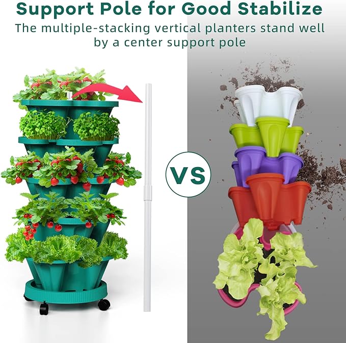 Strawberry Vertical Planters Tower Garden 2 Pack, 7 Tiered Stacking Herb Vegetable Planter with Support Pole Indoor and Outdoor - Hunter Green