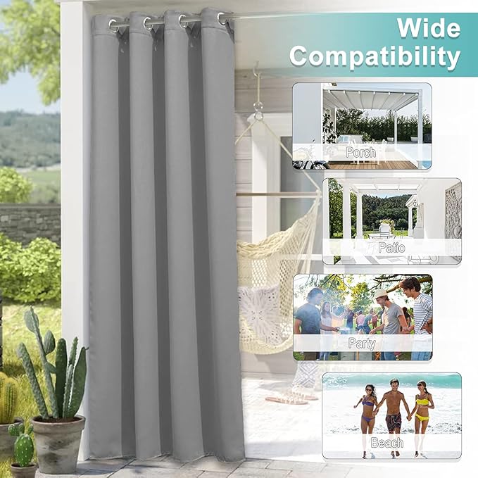 NICETOWN Indoor & Outdoor Curtain for Patio Clearance 84 inch Length, Waterproof Blackout Sun Blocking Thermal Insulated Vertical Drapes for Gazebo & Deck, 1 Panel, 52" W, Silver Grey