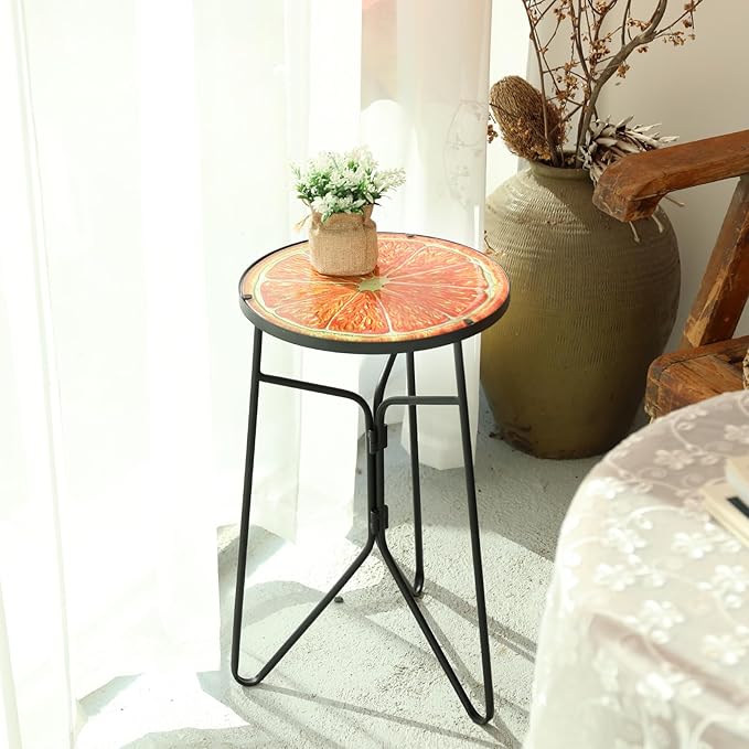VCUTEKA Patio Side Table Outdoor Accent Table Bistro Coffee Tables Plant End Small Porch Tables Indoor Round Glass Balcony Plant Stands Orange 12''