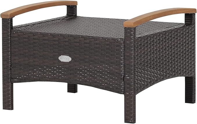 Tangkula 2 Piece Patio Rattan Ottomans, Outdoor Wicker Footstool w/Acacia Wood Handles, Soft Zippered Cushions, 3-in-1 Function Footstool Seat & Side Table for Backyard, Balcony, Poolside (Navy)