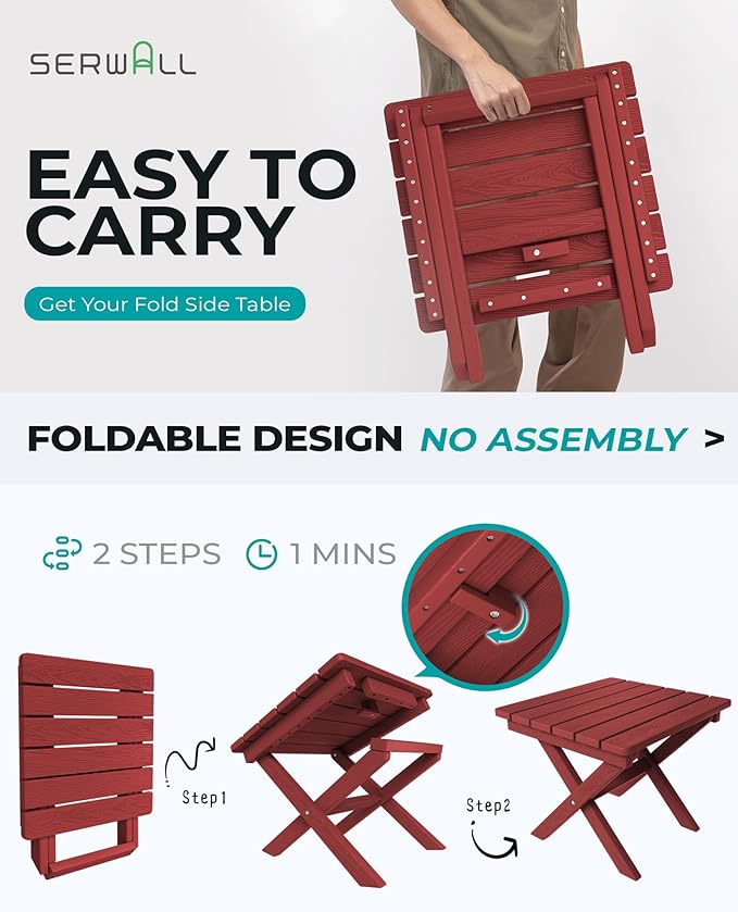 SERWALL Folding Outdoor Side Table Set of 2, Portable Adirondack Side Table, Red