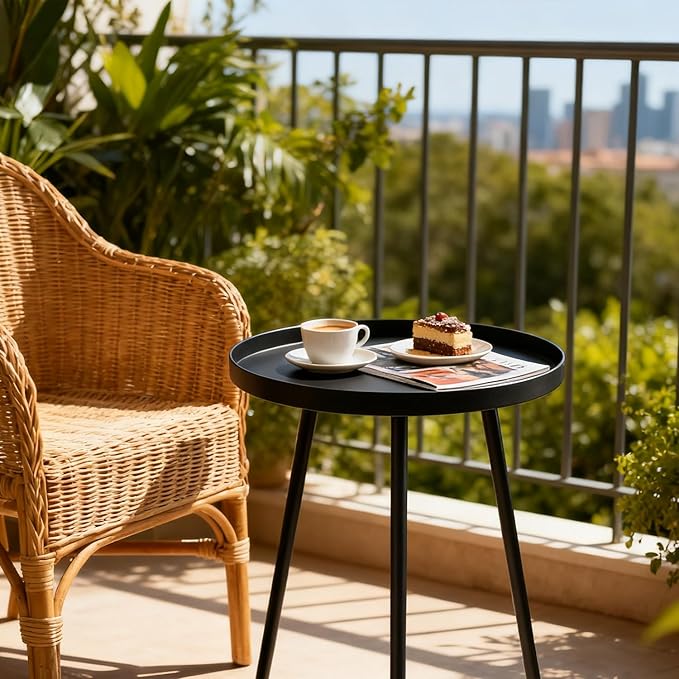 2 Pack Outdoor Side Table, 12.6" Patio Round Tables for Outside Black End Tables Small Coffee Table End Table Modern Metal Porch Plant Stands for Balcony, Indoor, Bedroom, Living Room, Small Spaces