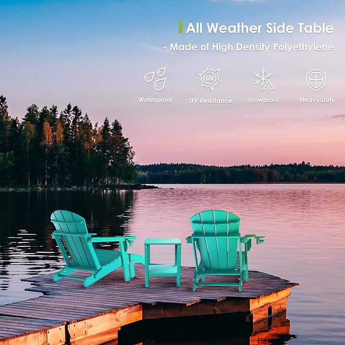 GREENVINES Adirondack-Outdoor-Side-Table | Set of 2 | 14 x 13 Inches | HDPE Plastic | All Weather | Aqua | Outside End Tables | Storage Shelf | for Patio Porch Backyard Indoor