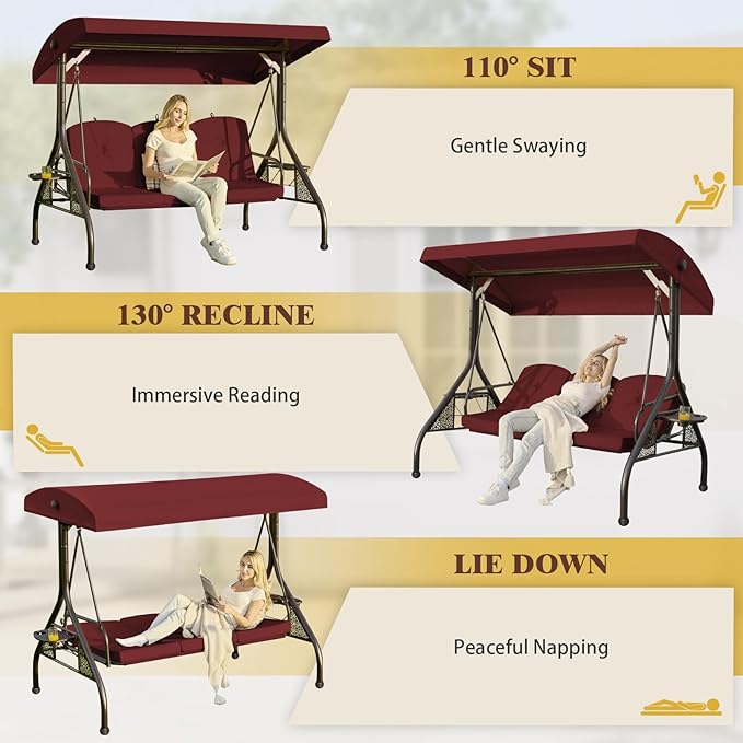 3-in-1 Convertible Outdoor Swing for Adults, Outdoor Porch Swing with Stand 800lb Bearing Capacity, 3-Seat Outdoor Swing with Canopy Adjustable, Thickened Cushions (Round, Wine Red)