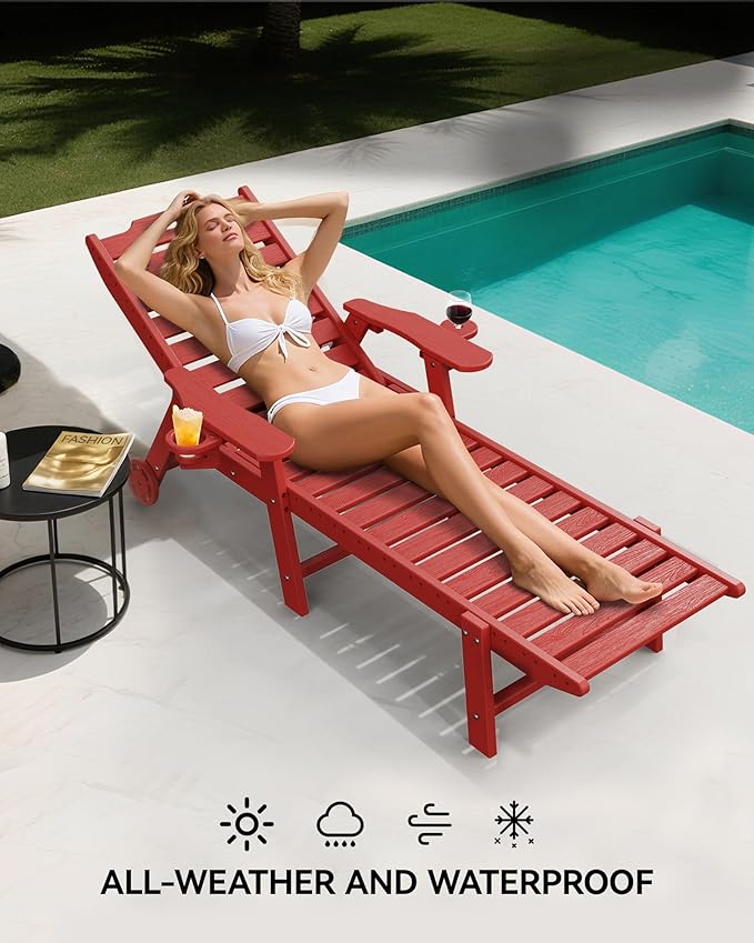 Carauci Lounge Chair Outdoor Set of 2, HDPE Chaise Lounge with Wheels, 5-Position Adjustable Backrest & 2 Cup Holders Patio Lounge Chair, All-Weather Pool Sun Lounger for Poolside, Backyard, Red