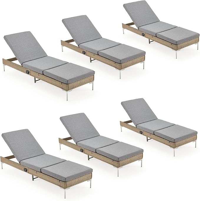 HOMREST Outdoor Chaise Lounge Chair Set of 6, Patio Wicker Lounge Chairs with Adjustable Backrest, Rattan Pool Sunbathing Chaiser with Removable Cushion (Grey)