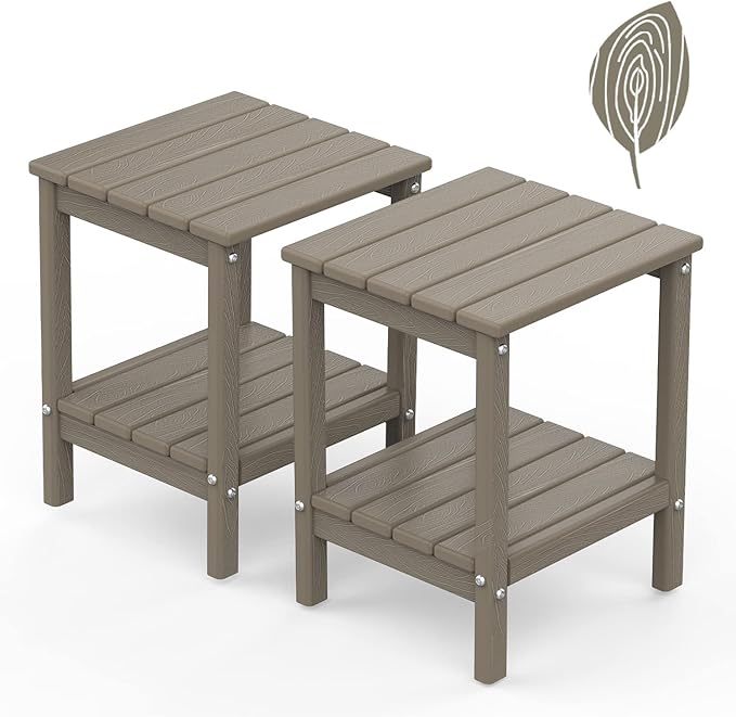 GREENVINES Adirondack-Outdoor-Side-Table | Set of 2 | Wood Grain | 14 x 13 Inches | HDPE Plastic | All Weather | Desert Brown | Outside End Tables | Storage Shelf | for Patio
