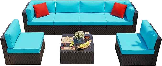 Shintenchi 7 Pieces Patio Furniture Sets Outdoor All-Weather Sectional Patio Sofa Set PE Rattan Manual Weaving Wicker Patio Conversation Set with Glass Table&Ottoman Cushion and Red Pillows, Blue