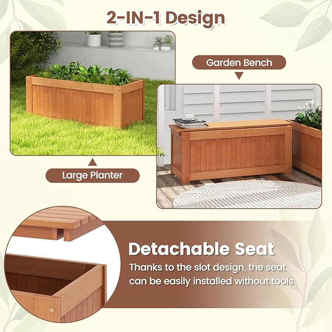 Giantex Set of 2 Outdoor Bench, Wood Raised Garden Bed w/Open Base, Weather-Resistant Rectangular Deep Planter Boxes for Flowers Fruit Vegetable, Bench Seat for Porch Yard Balcony Lawn