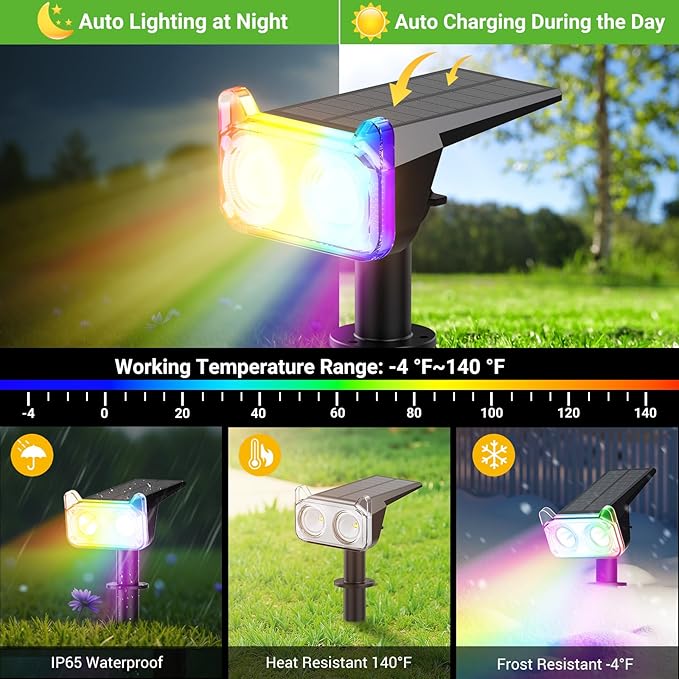 WdtPro Solar Color Changing Spot Lights, 8 Lighting Modes Solar Lights Outdoor Waterproof, Multicolor RGB Outdoor Light, 7 Colors Auto Cycling Landscape Spolights for Yard Garden Decoration, 6 Pack