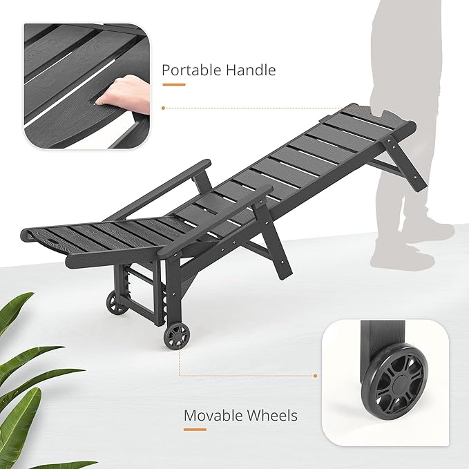 LUE BONA Chaise Lounge Chair with Table, 6-Piece, HDPS Chaise Lounger, 5 Positions Adjustable Lounge Chairs, Pool Lounge Chair with Wheels for Poolside, Backyard, Dark Gray