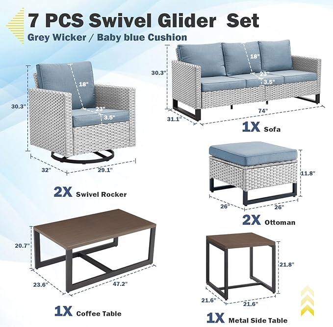 Belord 7 Piece Outdoor Furniture Patio Wicker Sofa Set, Oversize Outdoor Swivel Rocker Chairs with Rattan Ottomans, Conversation Sets Patio Furniture Come with Removable Cushion Baby Blue, Light Grey