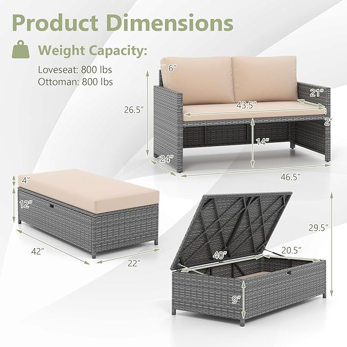 Tangkula Outdoor Rattan Daybed, Wicker Loveseat & 31 Gallon Storage Ottoman w/Soft Cushions, Space-Saving 2-Person Sun Lounger Daybed for Backyard, Porch (Beige)