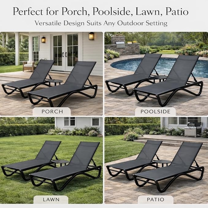 Kozyard Outdoor Chaise Lounge Chair, Full Flat Adjustable Patio Lounger with Aluminum Frame & Resin Legs, Textilene Fabric for Poolside, Backyard & Beach (Gray, Chair)