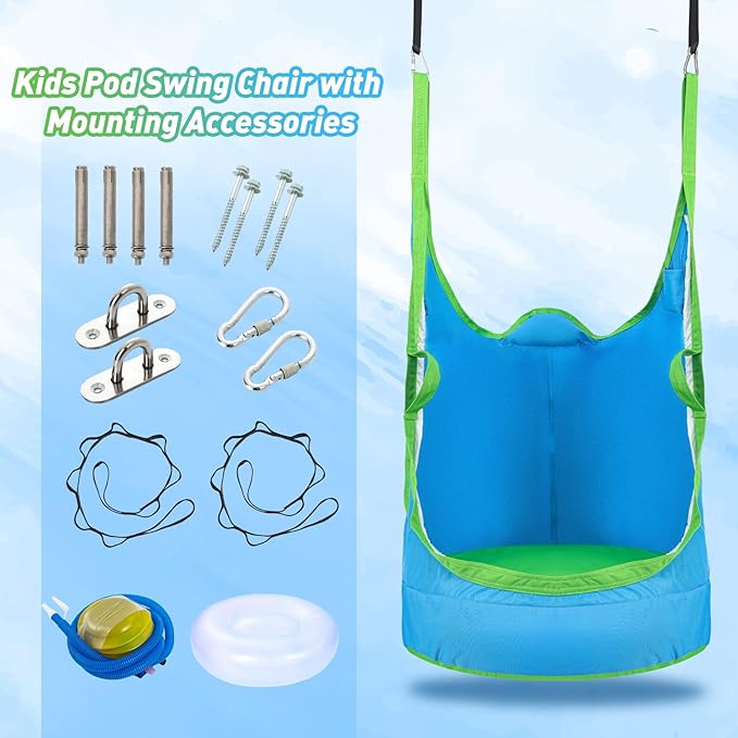 Upgraded Kids Pod Swing Chair,Child Hanging Hammock Chair with Led Lights,900D Oxford Cloth Pod Swing Seat for Indoor and Outdoor with All Accessories (Blue)