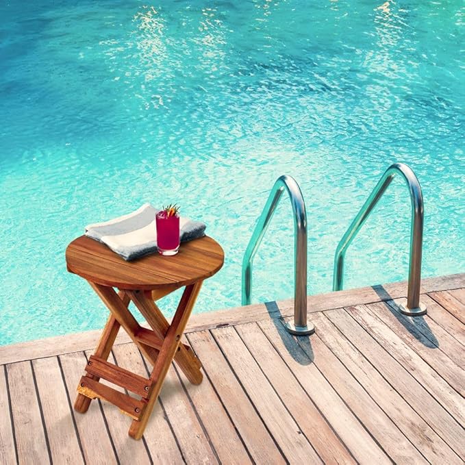 Small Patio Table, Outdoor Folding Side Table, Portable Side Table, Small Side Table, Accent Table, Small Coffee End Table, Wood Table Top for Living Room, Bedroom... (Round - Acacia - Set 2)