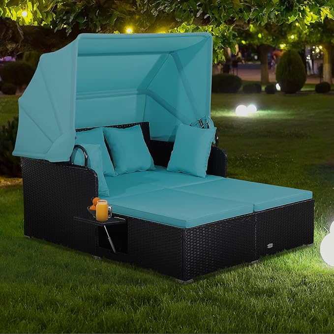ORALNER Outdoor Daybed, 2-Person Wicker Patio Sofa with Retractable Canopy, Cushions & Pillows, 2 Side Trays, PE Rattan Double Sunbed Lounger for Deck Poolside Backyard Garden Balcony (Turquoise)
