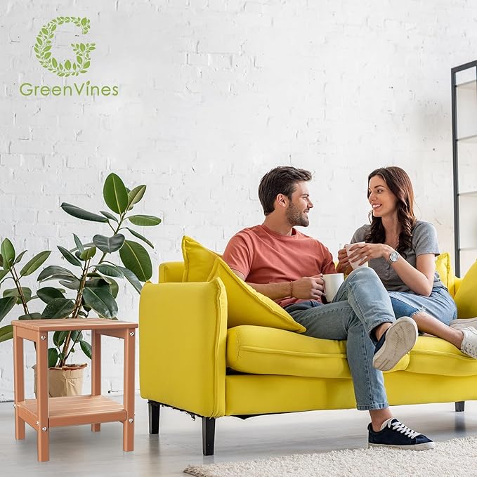 GREENVINES Adirondack-Outdoor-Side-Table | 14 x 13 Inches | HDPE Plastic | All Weather | Teak | Outside End Tables | Storage Shelf | for Patio Porch Backyard Indoor