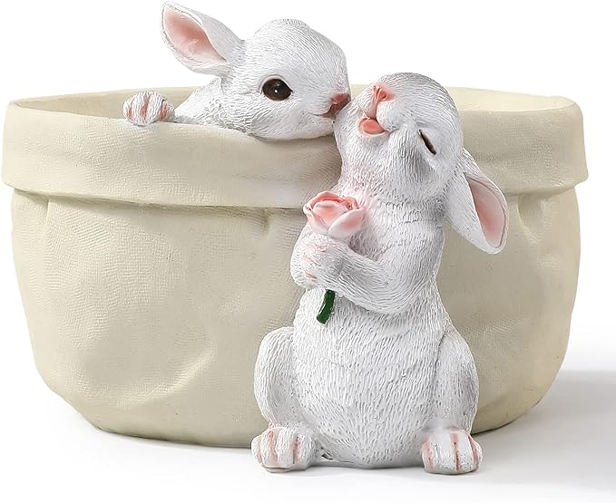 Rabbit Flower Pot Succulent Planter Garden Pots, Bunny Decorative Flower Pot,Animal Shaped Cartoon Planter Pots, Art Decorations for Mom Women （Flower with Drainage Hole）