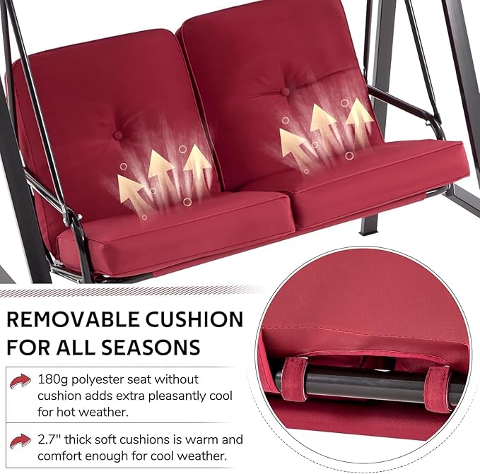 AECOJOY 2-Seat Outdoor Patio Swing Chair with Cover, Porch Swings Chairs for Adult, Outside Swing Bench with Adjustable Canopy&Removable Cushion, Red
