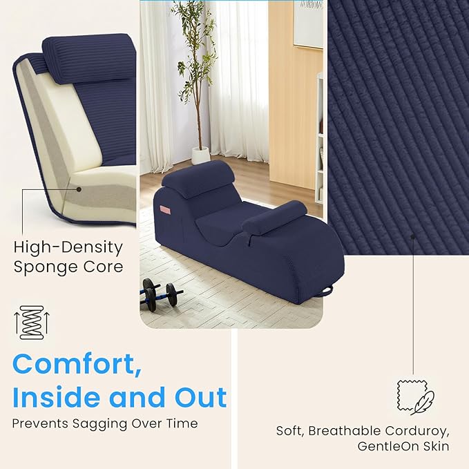 ijuicy 25" Wide Corduroy Yoga Chair, Yoga Lounge Chair for Adults, Chaise Lounge Chair Indoor/Yoga Lounger with Headrest, Waist Cushion, Movable Footrest, Side Pockets, High Density Sponge-Blue