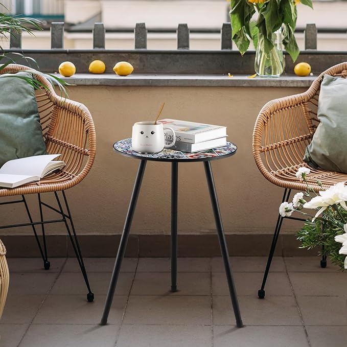 1 Pack Metal Outdoor Side Table Small Outside Round End Table for Patio Modern Accent Garden Corner Table for Small Spaces, Balcony, Porch, Weather-Resistant, Plant Stand Indoor, Mixed Mosaic