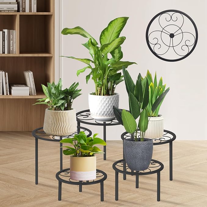 5-piece set of metal plant potted flower racks, heavy-duty flower pot plant racks of different sizes, iron flower racks, suitable for indoor and outdoor home decoration (Black) (5, Black)