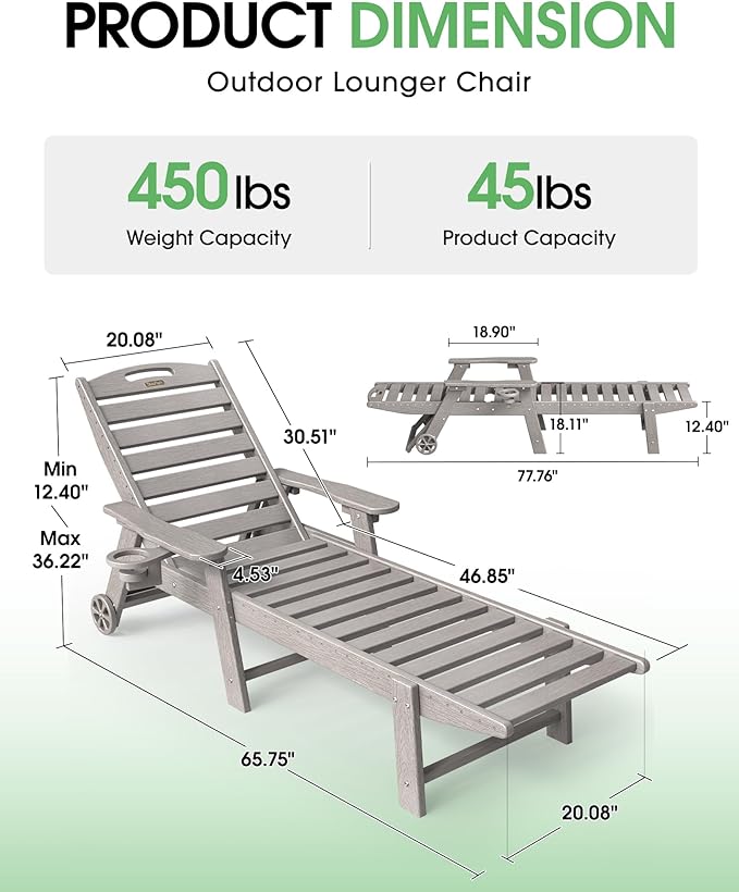 Chaise Lounge Outdoor, Lounge Chair Outdoor with Wood Texture, Adjustable 5-Position Backrest, HDPE Lounge Chair with Wheels & Cup Holder for Pool Deck Backyard, Light Grey