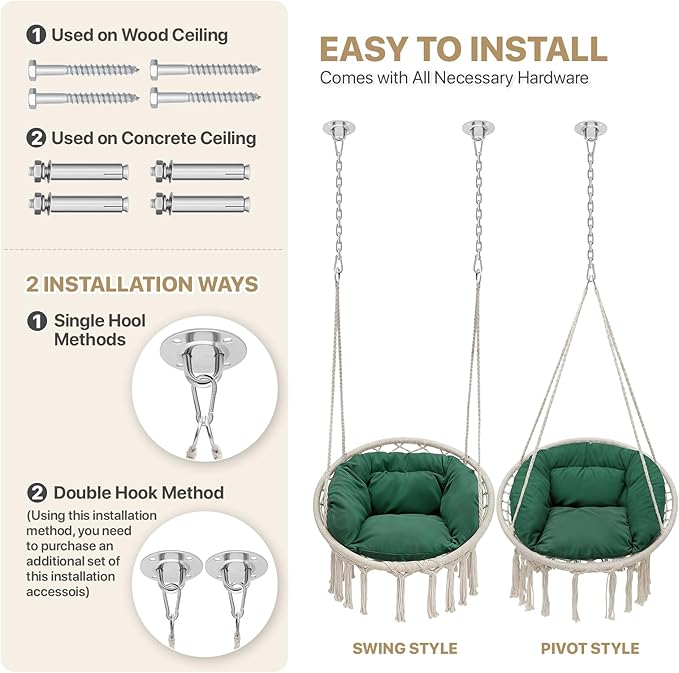 Monibloom Hanging Hammock Chair w/Dark Green Cushion, Porch Macrame Swing Chair Hanging Chairs, Max 350 Lbs Capacity Hanging Swing for Adults & Teens, Comfy Hammock for Relaxing Reading Napping, White