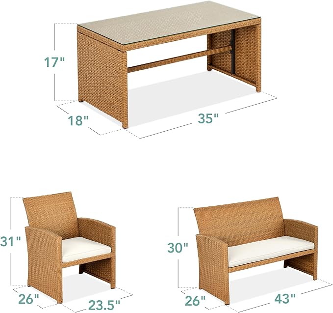 Best Choice Products 4-Piece Outdoor Wicker Patio Conversation Furniture Set for Backyard w/Coffee Table, Seat Cushions - Natural/Ivory