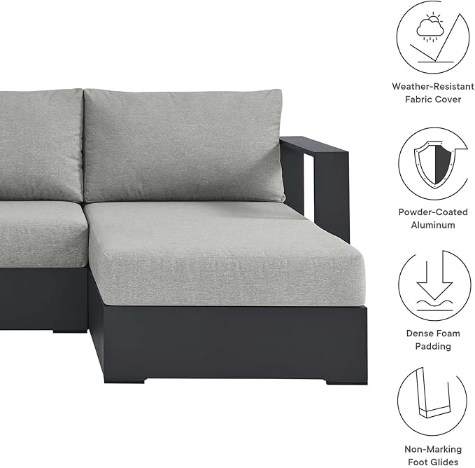 Modway Tahoe Modular Aluminum 2-Piece Outdoor Patio Furniture Gray, Right-Facing Sectional Sofa Set with Weather-Resistant Cushions, Ideal for Deck, Backyard, Poolside