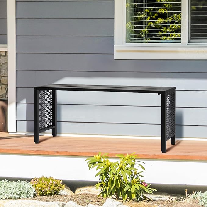 VINGLI 40in Outdoor Metal Bench, All-Weathe Backless Patio Bench with Slatted Seat＆Floral Side Panels, Rust-Resistant Garden Bench, Weatherproof Outdoor Seating for Porch Entryway Backyard (Black)