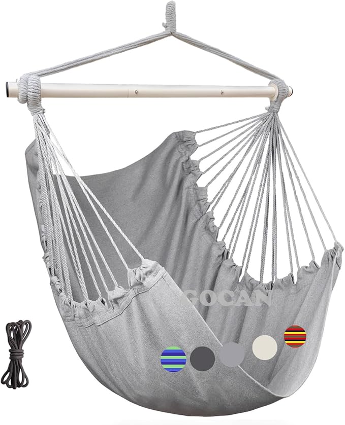 Hammock Chair Large Hammock Swing, 110 x 150cm Load 150kg, Cotton Hammock Chair Metal Spread Bar Wide Seat Swing Chair(Grey)