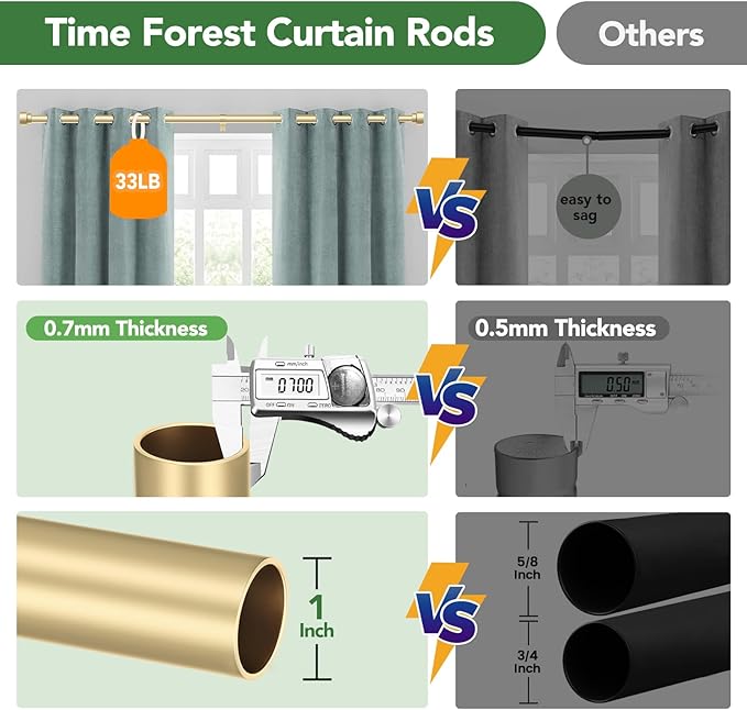 Curtain Rods for Windows 48 to 84, 1 Inch Adjustable Gold Heavy Duty Long Window Curtain Rod, Modern Style Drapery Rods with End Caps, Size 32" - 90"