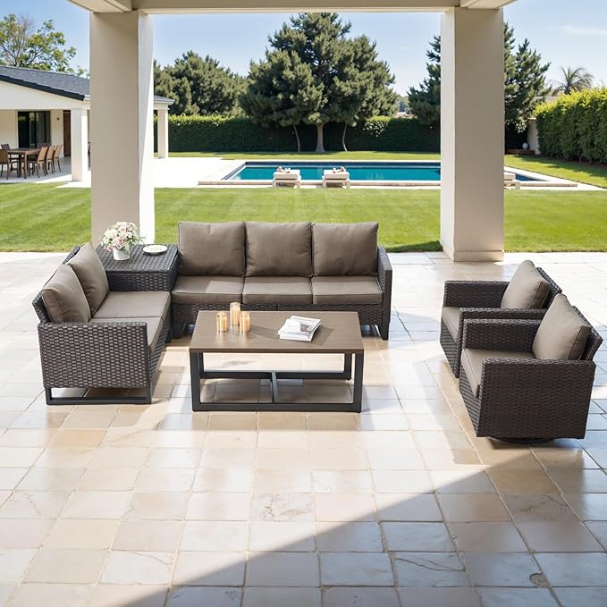 Belord Family Reunion Patio Conversation Set - 6 Piece Outdoor Sectional Furniture Set with Storage Box and Wicker Swivel Glider Chair Set of 2,Removable Gray Cushions for Deck Backyard Sunroom