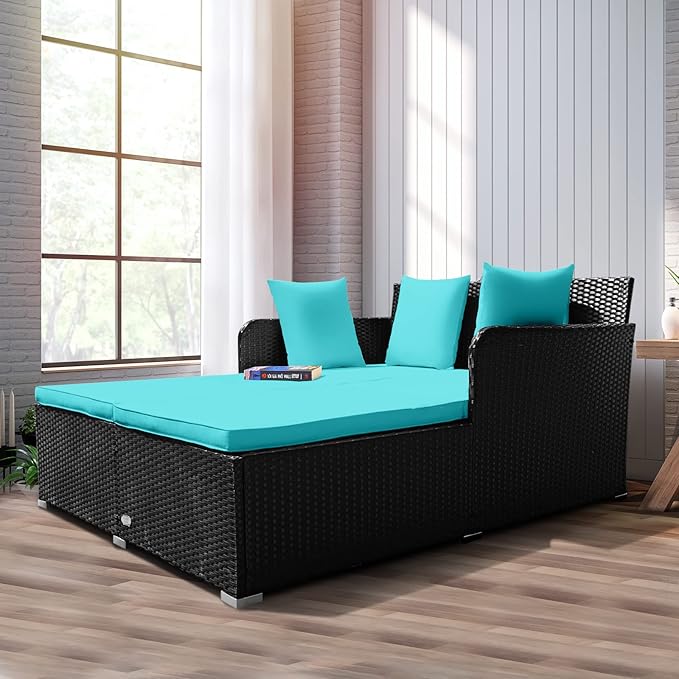 RELAX4LIFE Rattan Patio Outdoor Daybed, Wicker 2-Person Sunbed Loveseat with Soft Cushions, 4 Pillows, Curved Backrest & Armrest, Double Bed Lounger Sofa Set for Balcony Porch, Patio Bed (Turquoise)